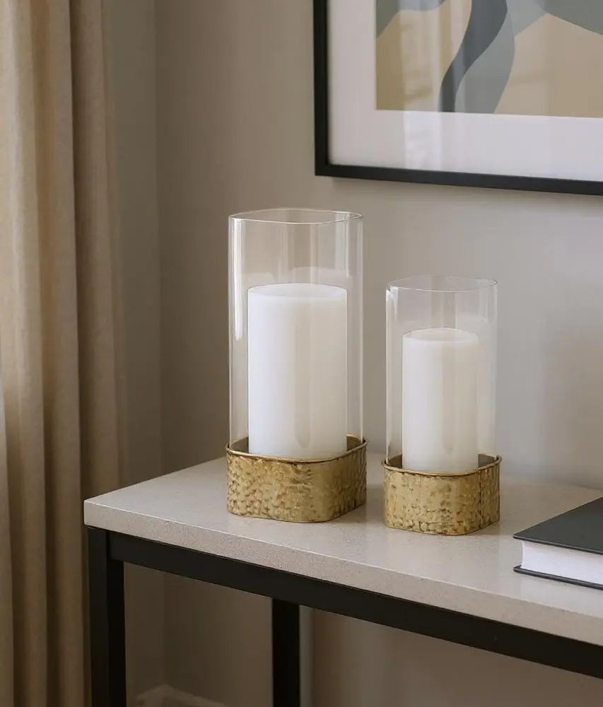 Set of Two Clear And Gold Hammered Glass And Metal Tabletop Hurricane Candle Holders - NOBLE HOME INTERIORS