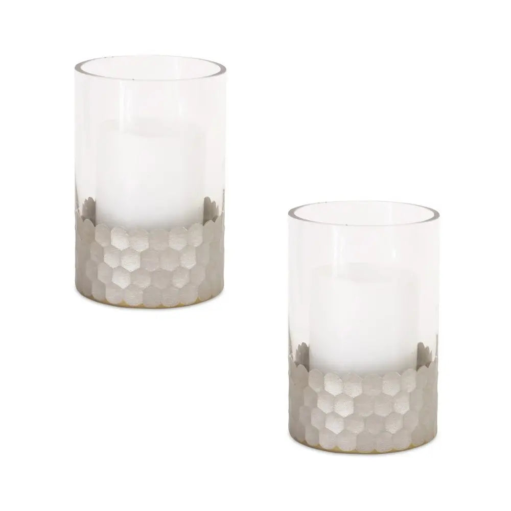 Set of Two Clear and Silver Glass Geometric Tabletop Pillar Candle Holders - NOBLE HOME INTERIORS