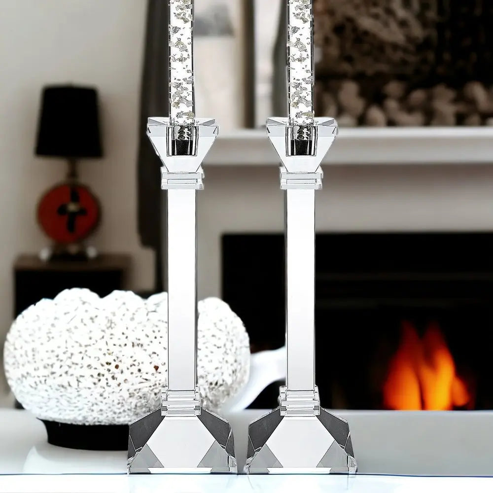 Set of Two Clear Crystal Tabletop Candle Holders - NOBLE HOME INTERIORS