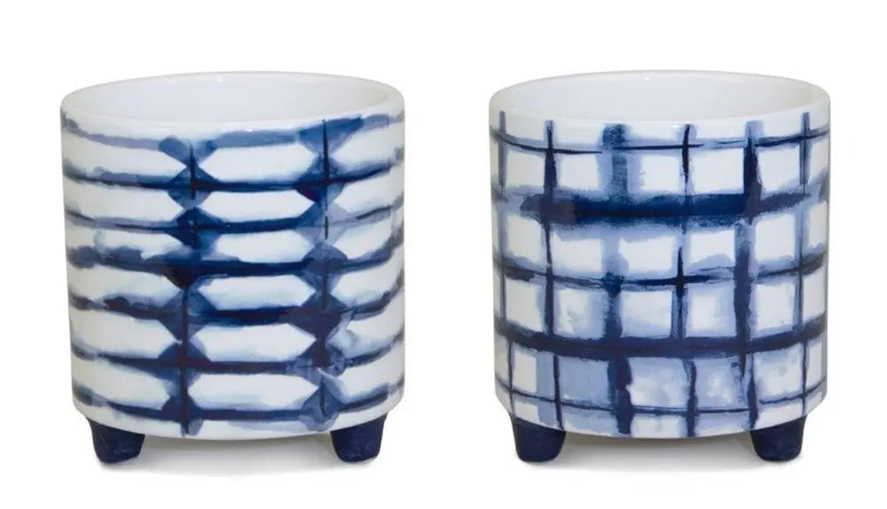 Set of Two Cobalt And White Ceramic 2 Ounce Round Footed Pot Planters - NOBLE HOME INTERIORS