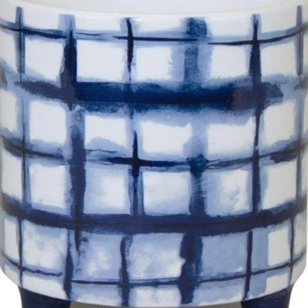 Set of Two Cobalt And White Ceramic 2 Ounce Round Footed Pot Planters - NOBLE HOME INTERIORS