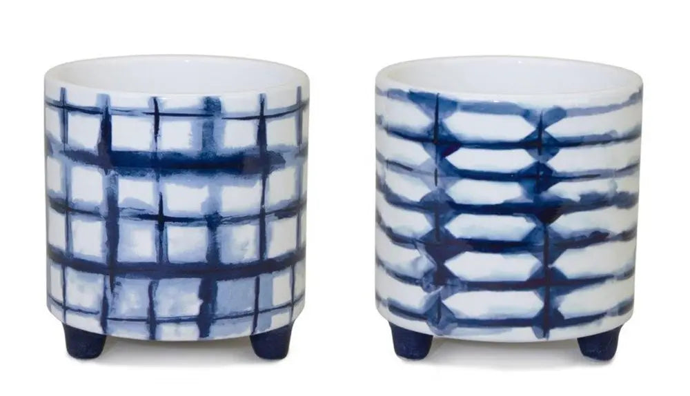 Set of Two Cobalt And White Ceramic 2 Ounce Round Footed Pot Planters - NOBLE HOME INTERIORS