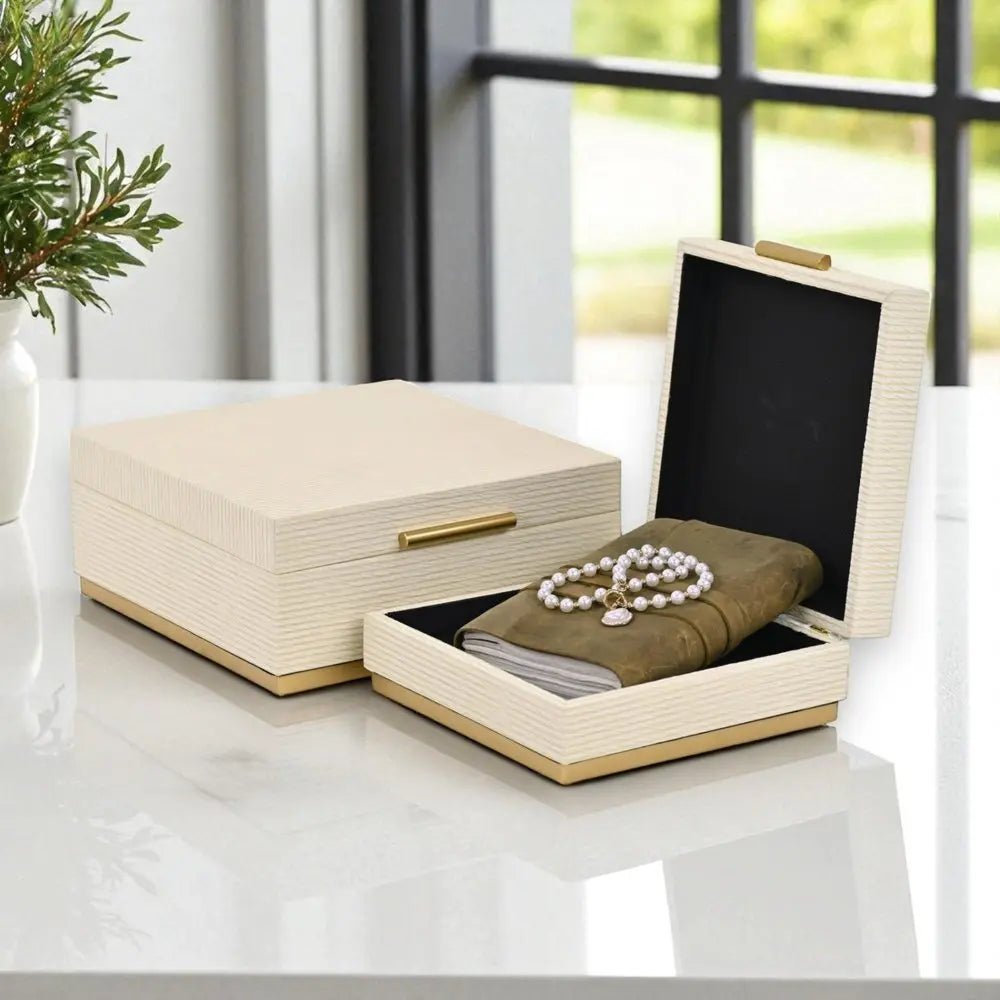 Set of Two Cream And Gold Nesting Wood Box With Lid HomeRoots