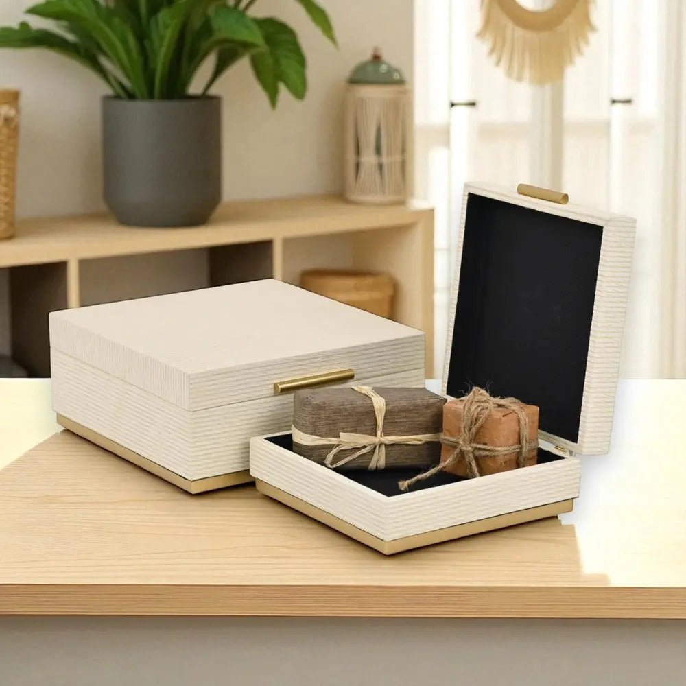 Set of Two Cream And Gold Nesting Wood Box With Lid HomeRoots