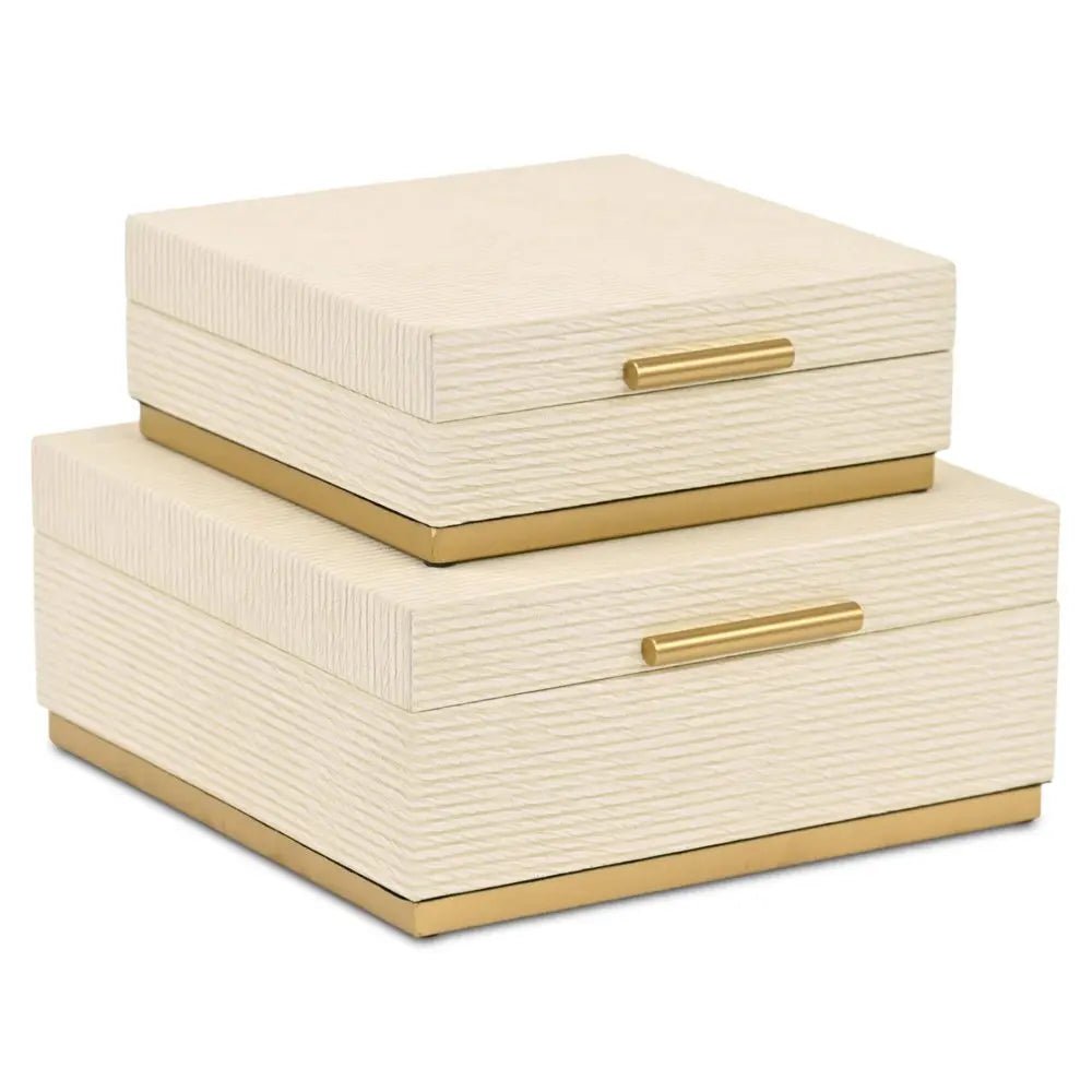 Set of Two Cream And Gold Nesting Wood Box With Lid - NOBLE HOME INTERIORS