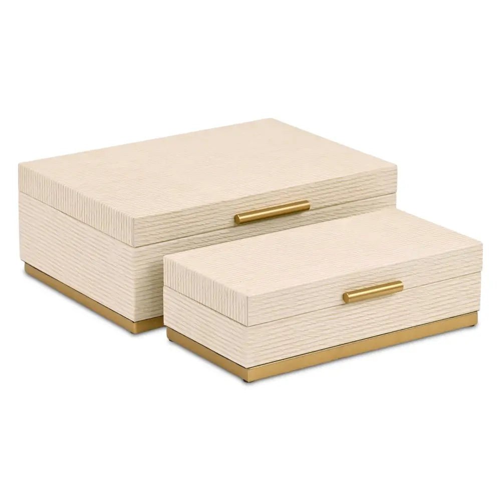 Set of Two Cream And Gold Striped Nesting Storage Boxes With Lids HomeRoots