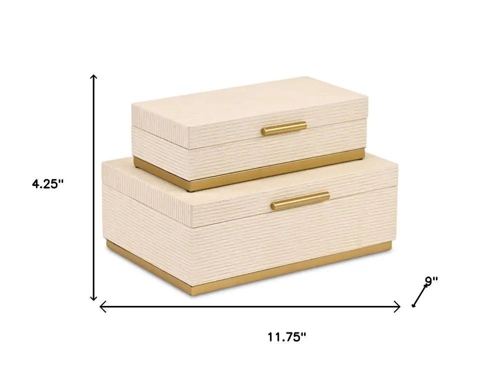 Set of Two Cream And Gold Striped Nesting Storage Boxes With Lids HomeRoots
