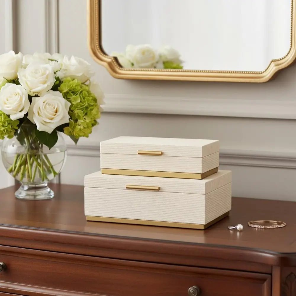 Set of Two Cream And Gold Striped Nesting Storage Boxes With Lids HomeRoots