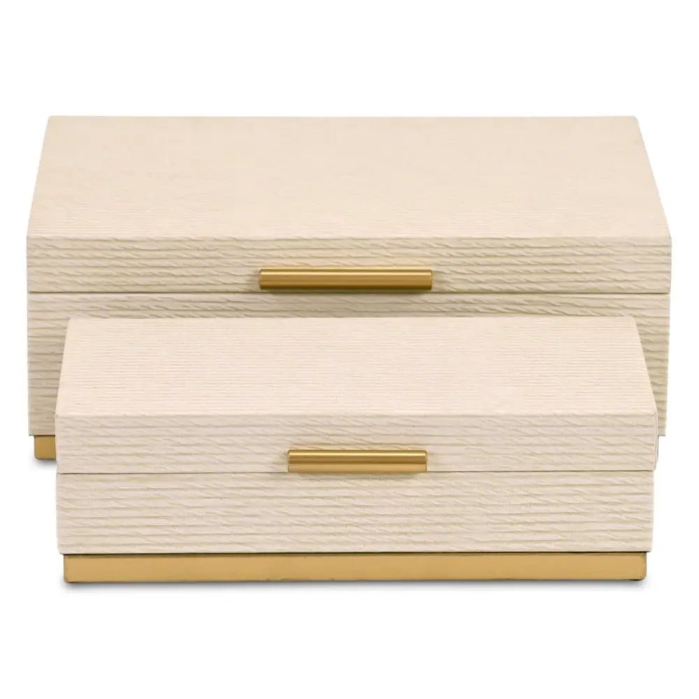 Set of Two Cream And Gold Striped Nesting Storage Boxes With Lids HomeRoots