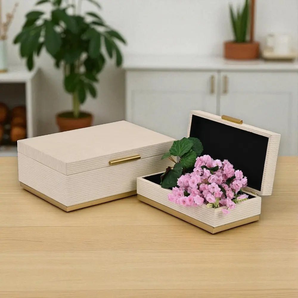 Set of Two Cream And Gold Striped Nesting Storage Boxes With Lids HomeRoots