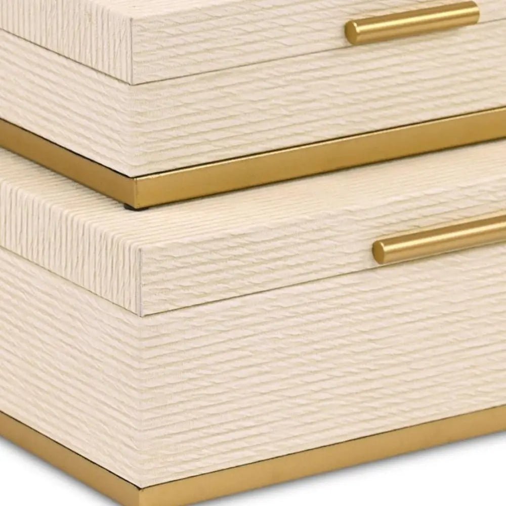 Set of Two Cream And Gold Striped Nesting Storage Boxes With Lids HomeRoots