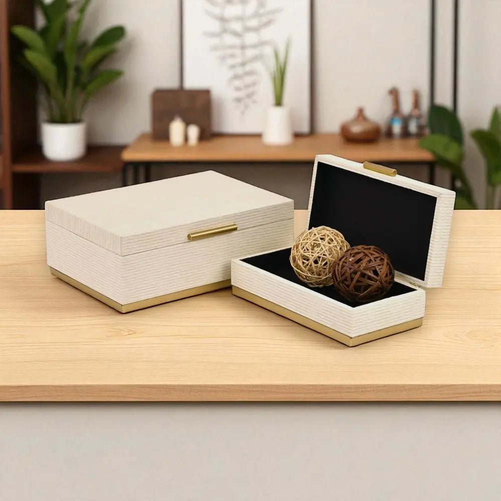 Set of Two Cream And Gold Striped Nesting Storage Boxes With Lids HomeRoots