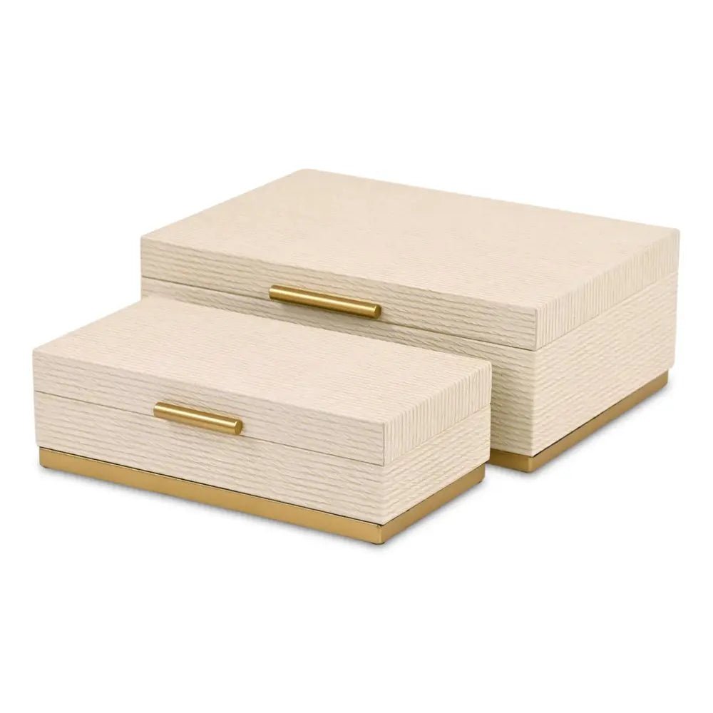 Set of Two Cream And Gold Striped Nesting Storage Boxes With Lids HomeRoots