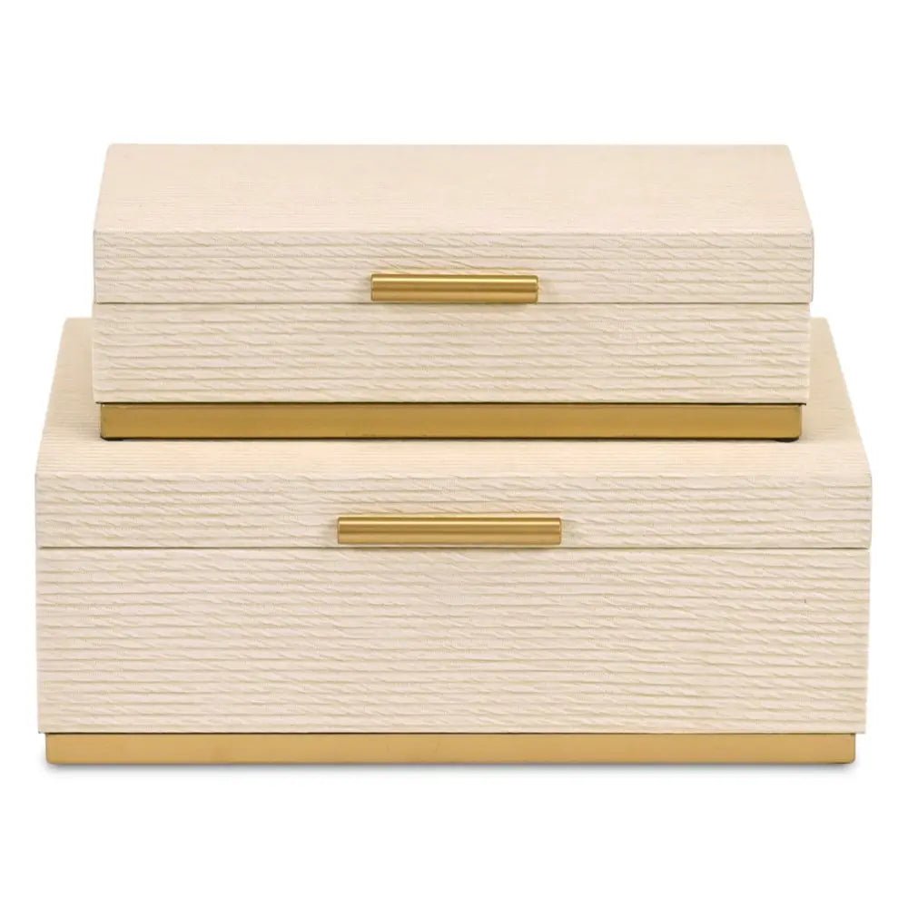Set of Two Cream And Gold Striped Nesting Storage Boxes With Lids HomeRoots