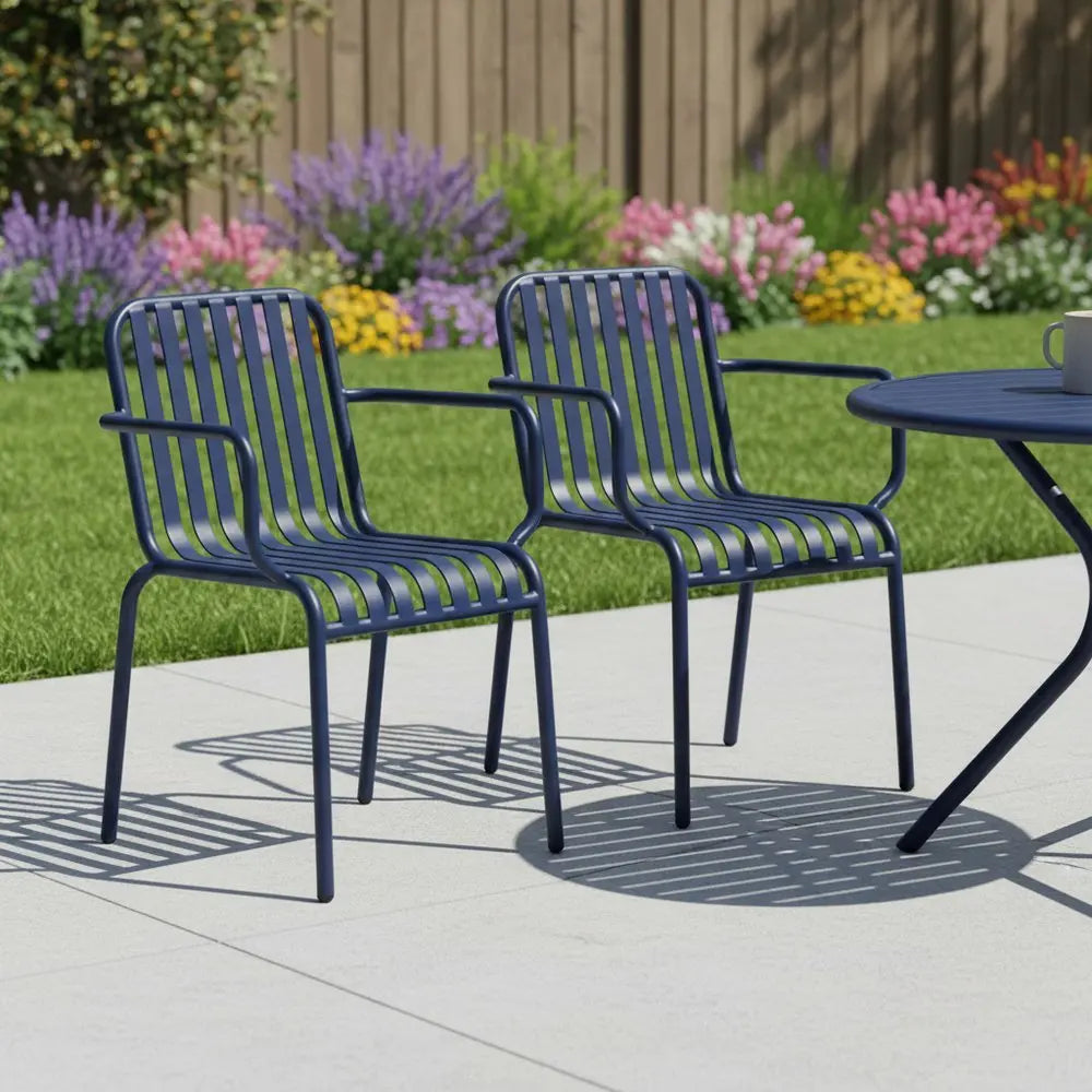 Set of Two Dark Blue Steel Outdoor Stacking Arm Chairs - NOBLE HOME INTERIORS
