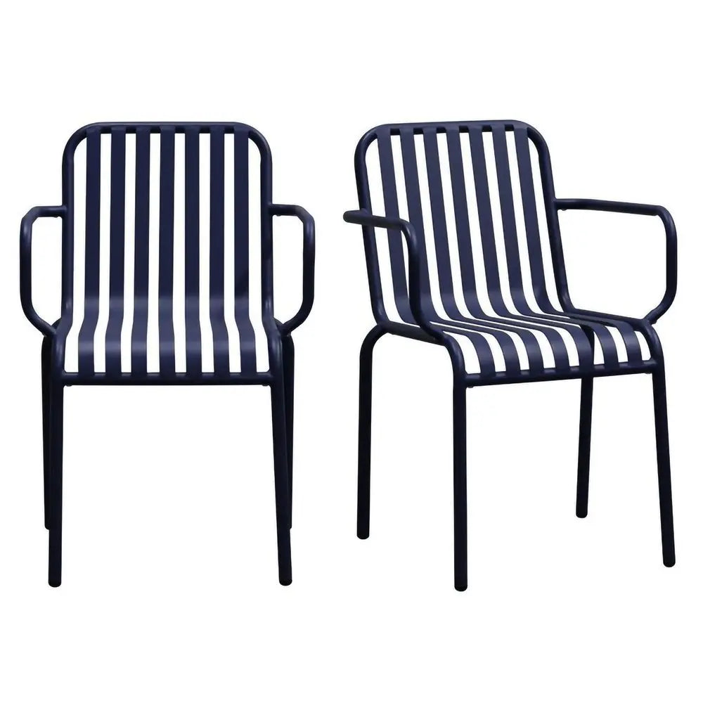 Set of Two Dark Blue Steel Outdoor Stacking Arm Chairs - NOBLE HOME INTERIORS