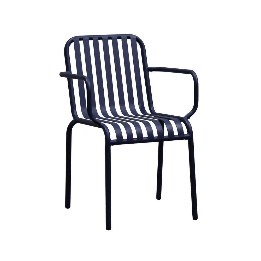 Set of Two Dark Blue Steel Outdoor Stacking Arm Chairs - NOBLE HOME INTERIORS