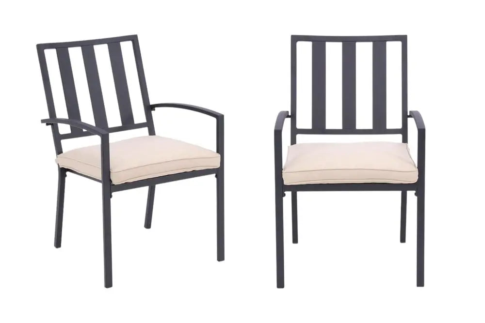 Set of Two Dark Gray Aluminum Outdoor Stacking Dining Chairs with Beige Cushion - NOBLE HOME INTERIORS