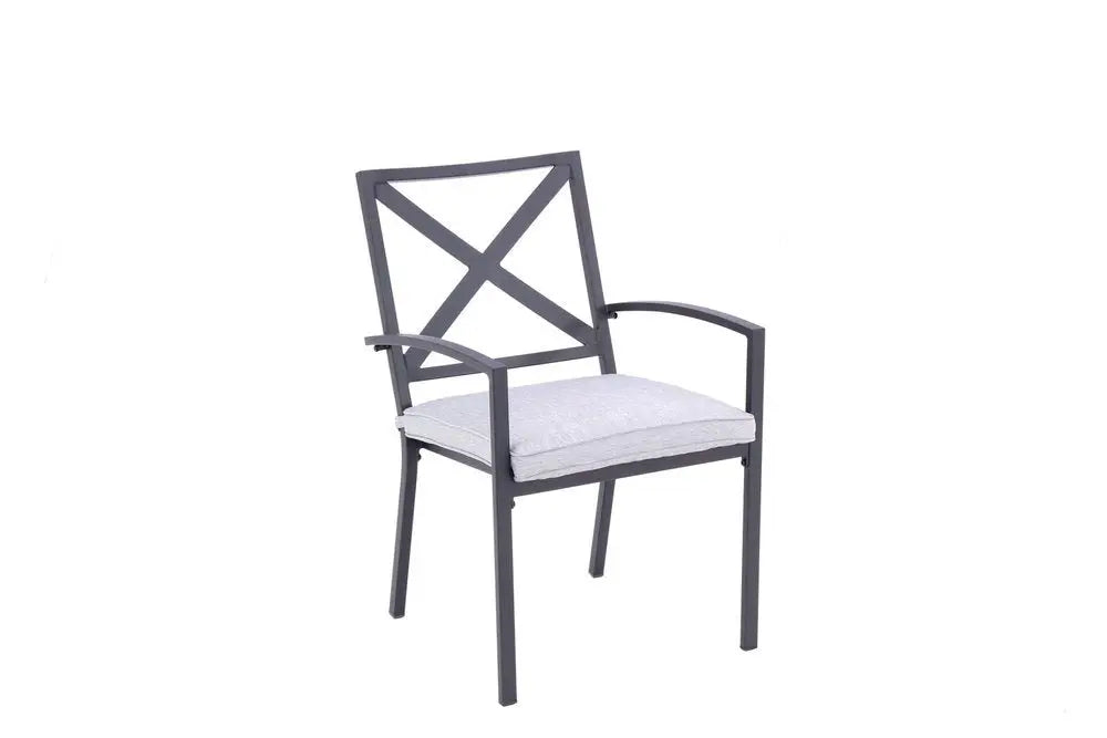 Set of Two Dark Gray Aluminum Outdoor Stacking Dining Chairs with Light Gray Cushion - NOBLE HOME INTERIORS