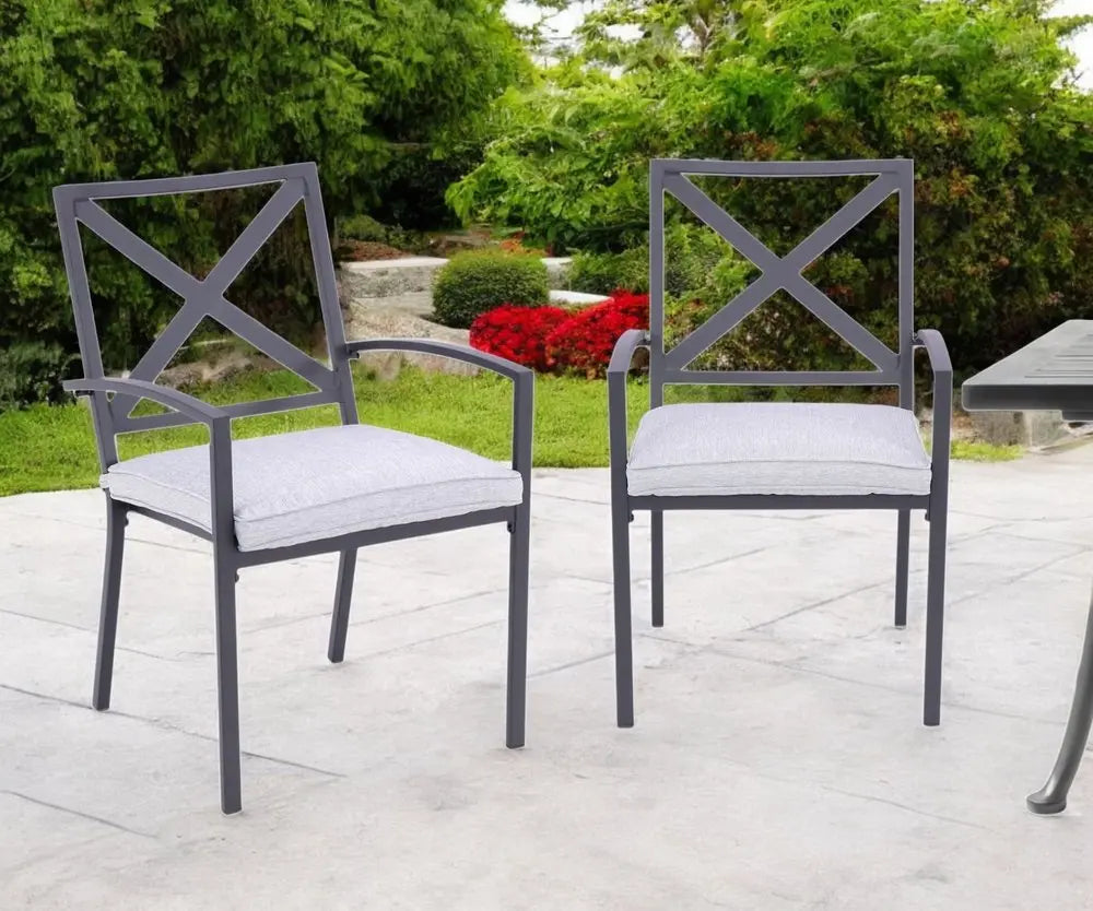 Set of Two Dark Gray Aluminum Outdoor Stacking Dining Chairs with Light Gray Cushion - NOBLE HOME INTERIORS