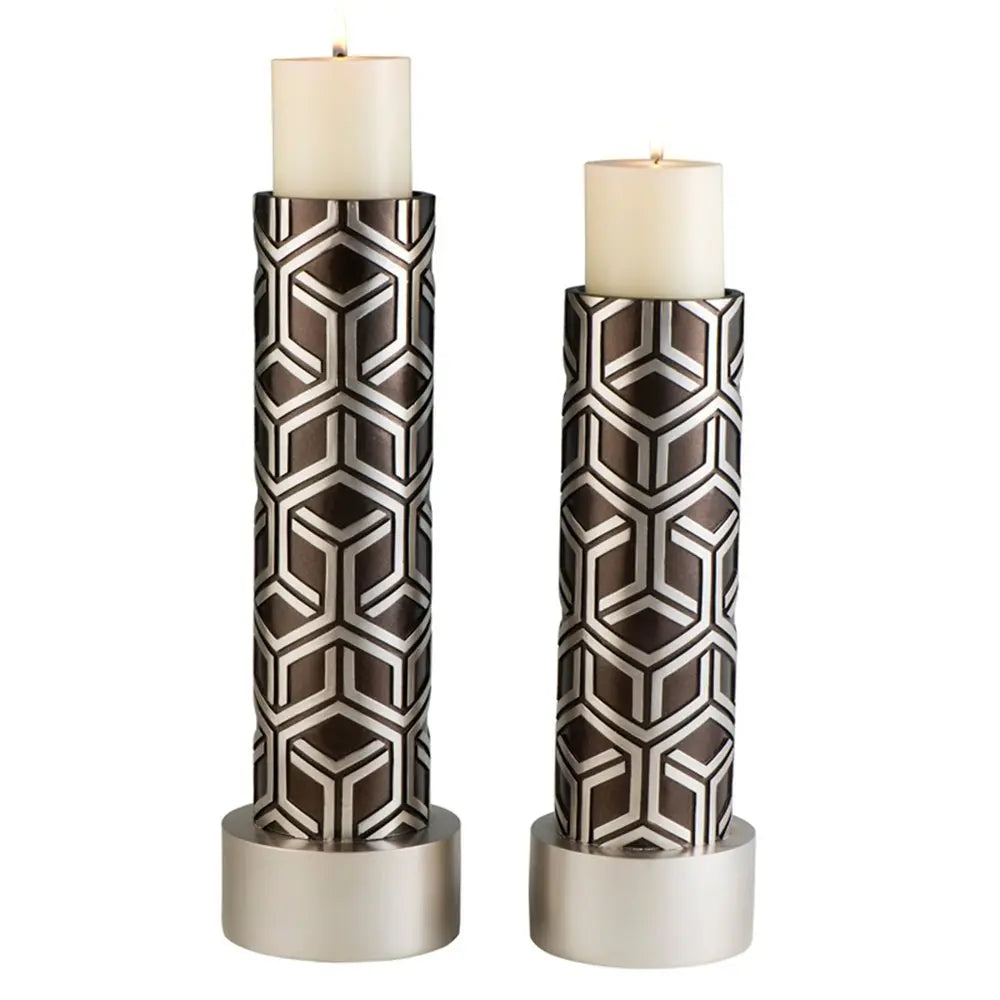 Set Of Two Espresso and Silver Pillar Tabletop Pillar Candle Holders - NOBLE HOME INTERIORS