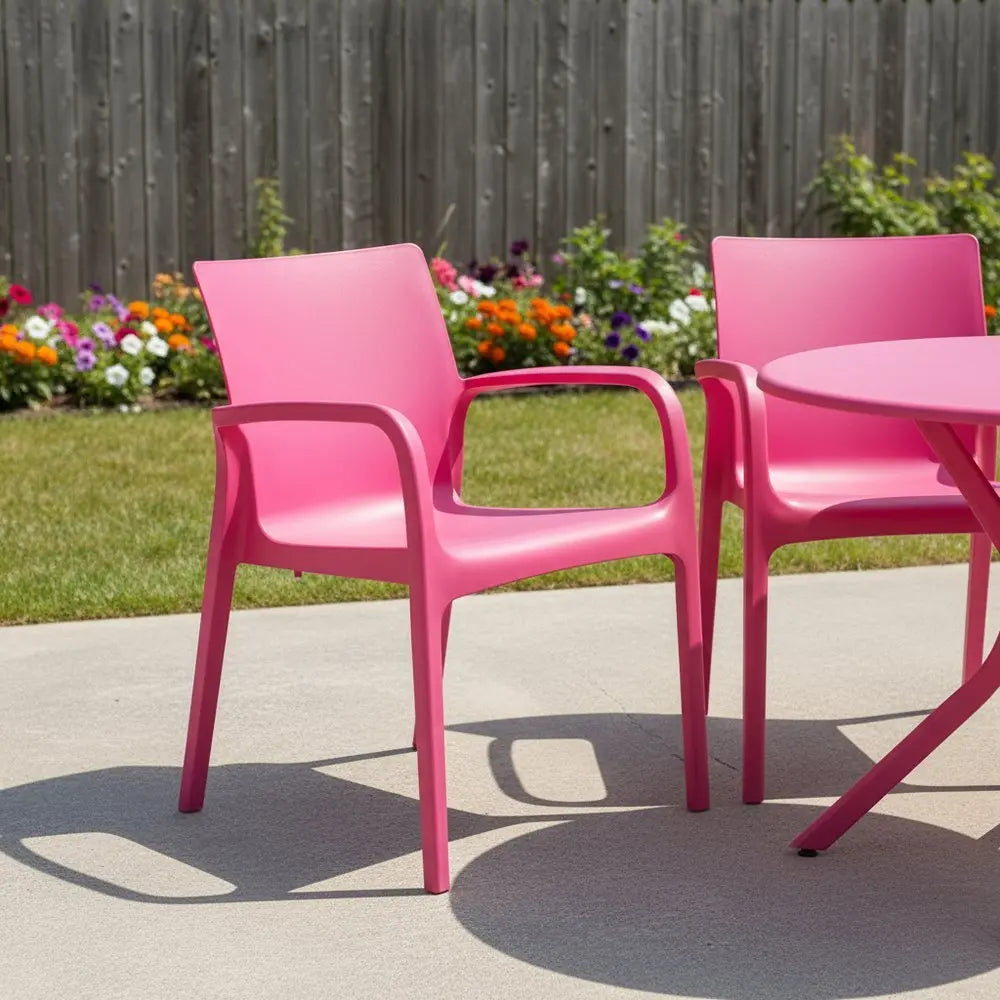 Set of Two Fuchsia Heavy Duty Plastic Outdoor Stacking Dining Chairs - NOBLE HOME INTERIORS