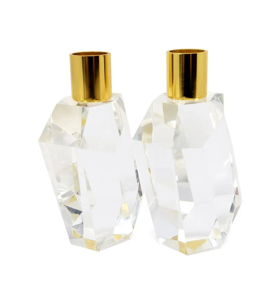 Set of Two Gold Abstract Crystal Tabletop Wedding Taper Candlesticks - NOBLE HOME INTERIORS