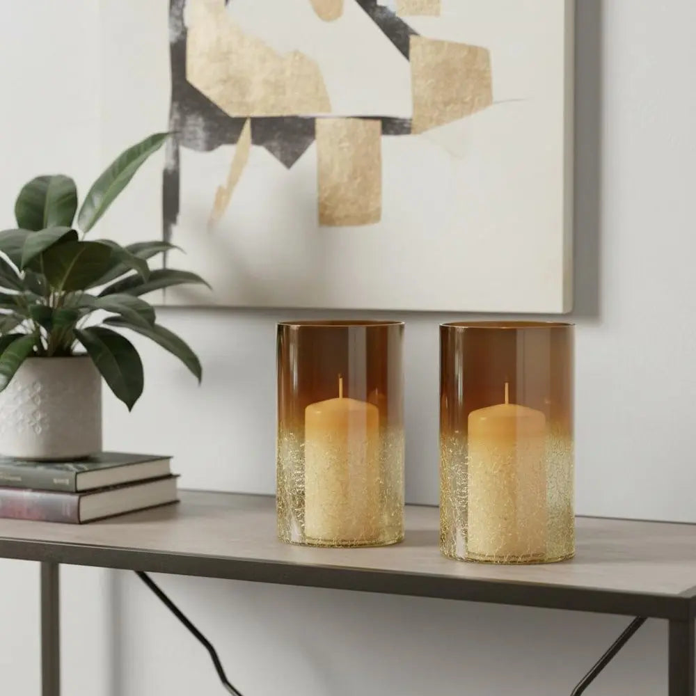 Set of Two Gold Glass Tabletop Pillar Candle Holders - NOVA HOME FURNITURE