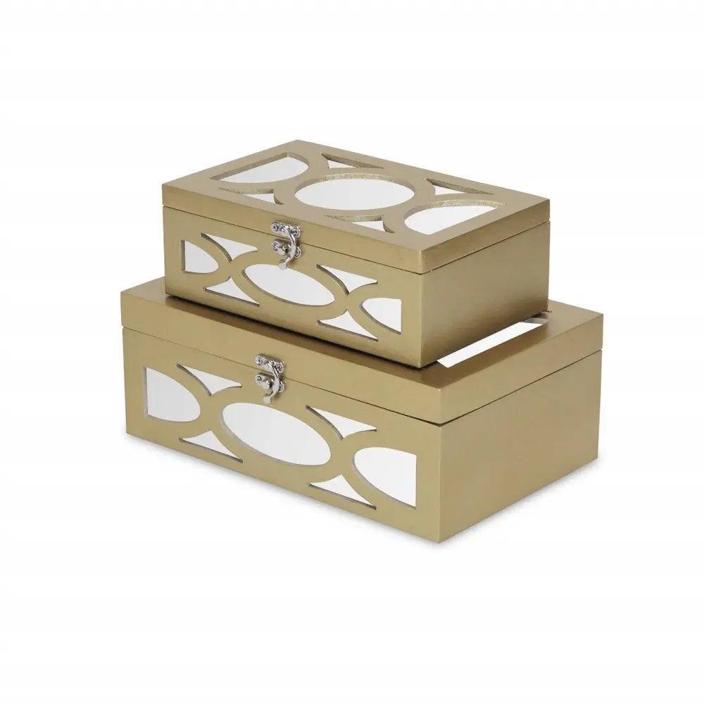 Set of Two Gold Oval Scroll Mirror Jewelry Storage Boxes HomeRoots