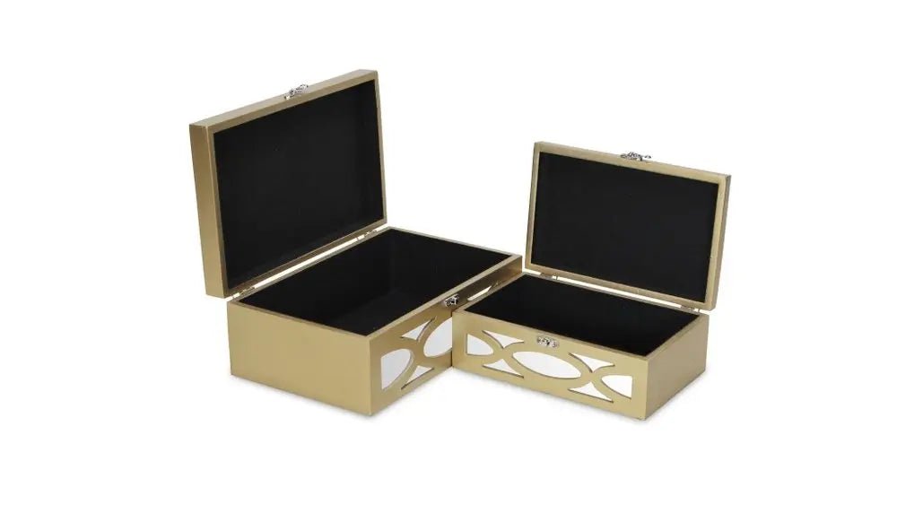 Set of Two Gold Oval Scroll Mirror Jewelry Storage Boxes HomeRoots