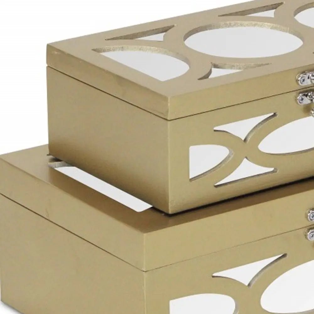 Set of Two Gold Oval Scroll Mirror Jewelry Storage Boxes HomeRoots
