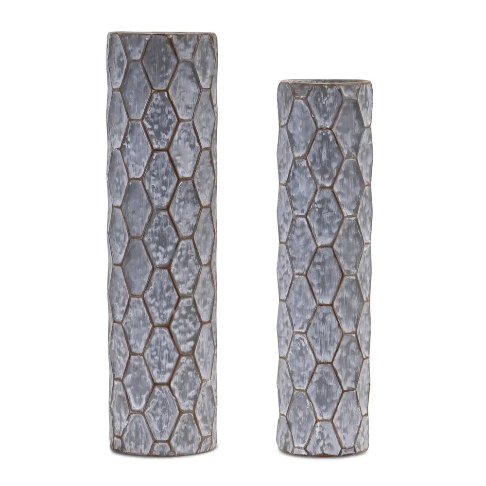 Set of Two Gray And White Distressed Geometric Metal Tabletop Pillar Candle Holders - NOVA HOME FURNITURE