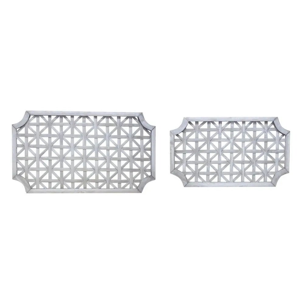 Set of Two Gray Geometric Lattice Wood Hanging Dimensional Sculptures - NOBLE HOME INTERIORS