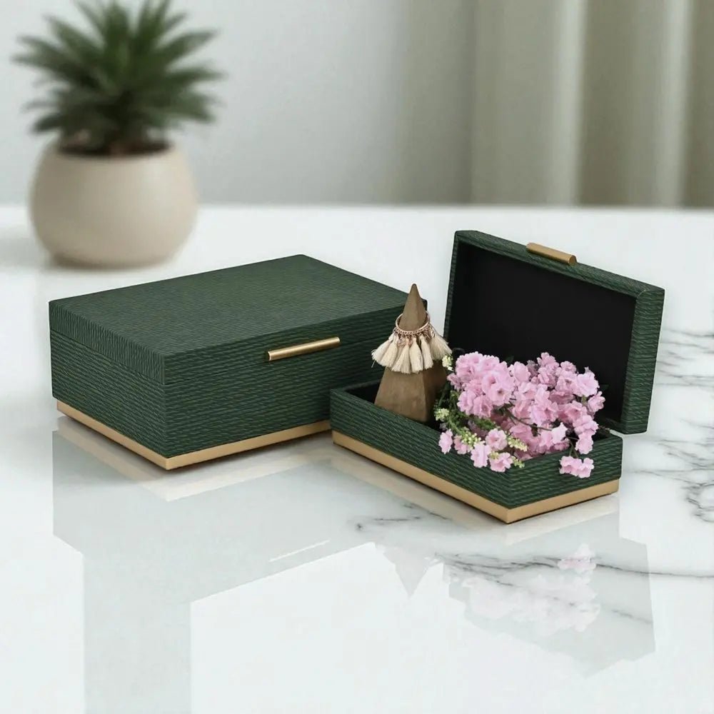 Set of Two Green And Gold Striped Nesting Storage Boxes With Lids - NOBLE HOME INTERIORS