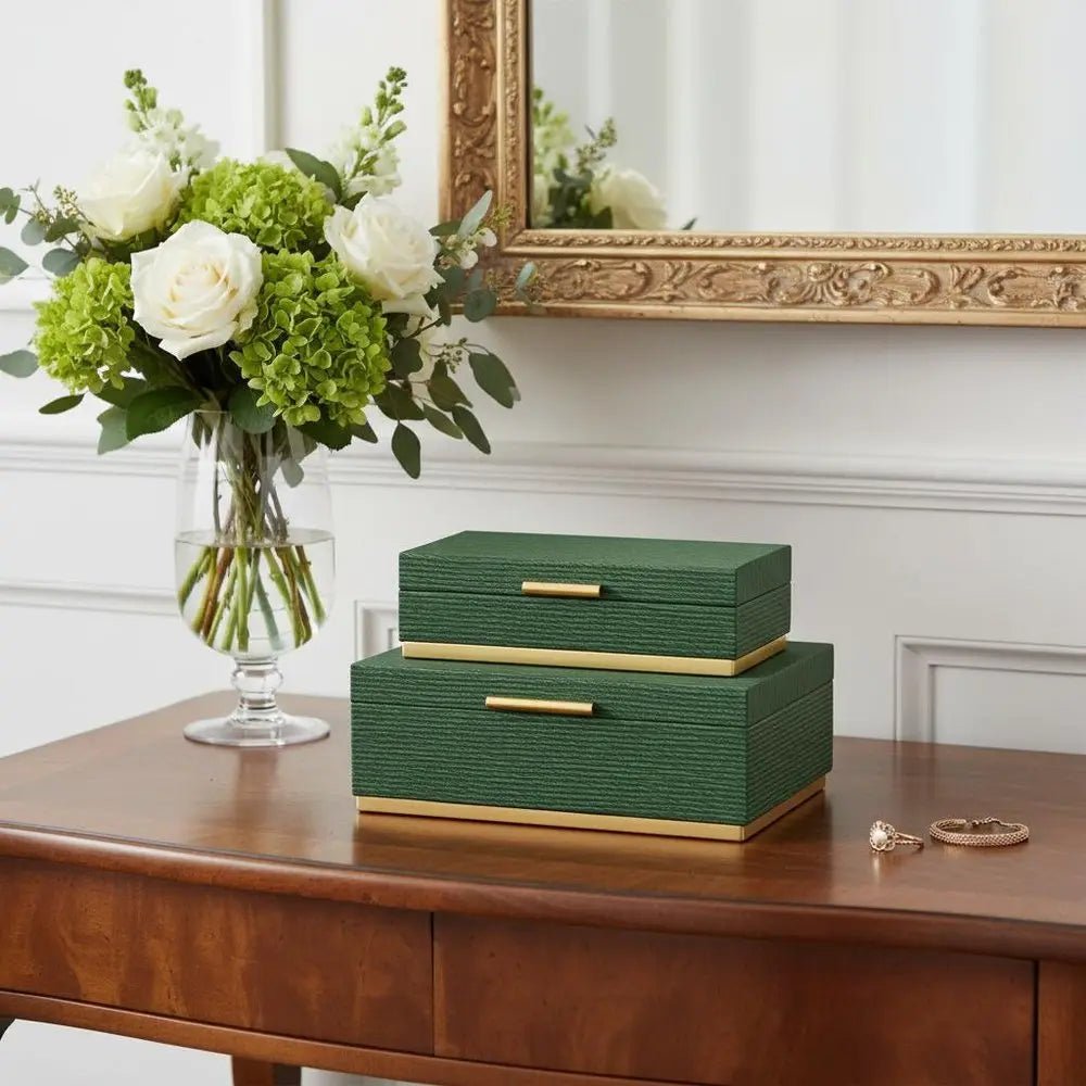 Set of Two Green And Gold Striped Nesting Storage Boxes With Lids - NOBLE HOME INTERIORS