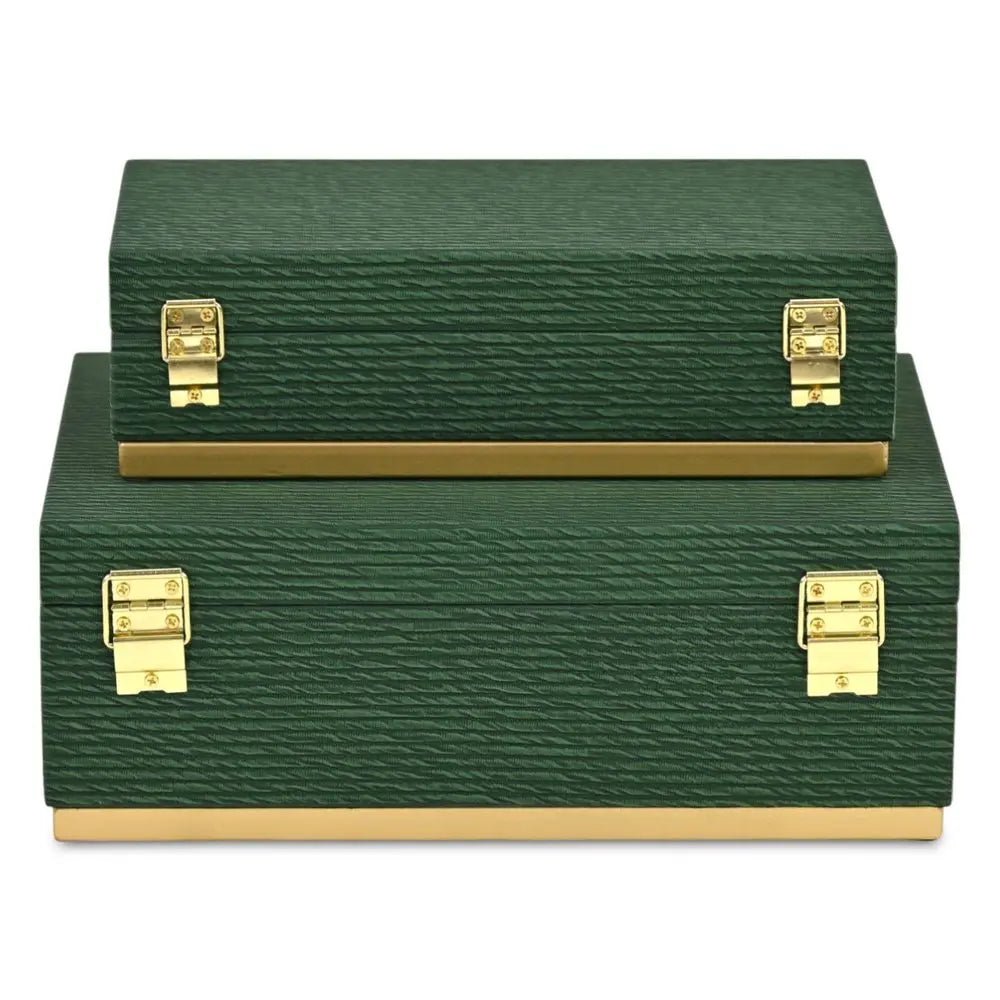 Set of Two Green And Gold Striped Nesting Storage Boxes With Lids - NOBLE HOME INTERIORS