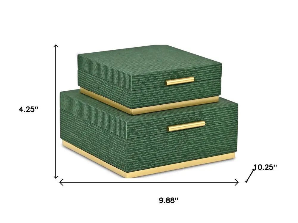 Set of Two Green And Gold Striped Square Nesting Storage Boxes With Lids - NOBLE HOME INTERIORS