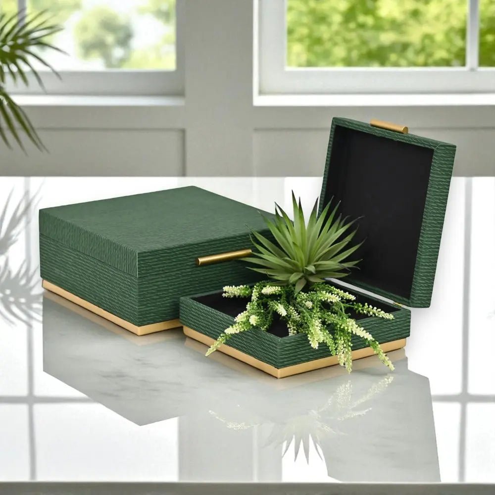 Set of Two Green And Gold Striped Square Nesting Storage Boxes With Lids - NOBLE HOME INTERIORS