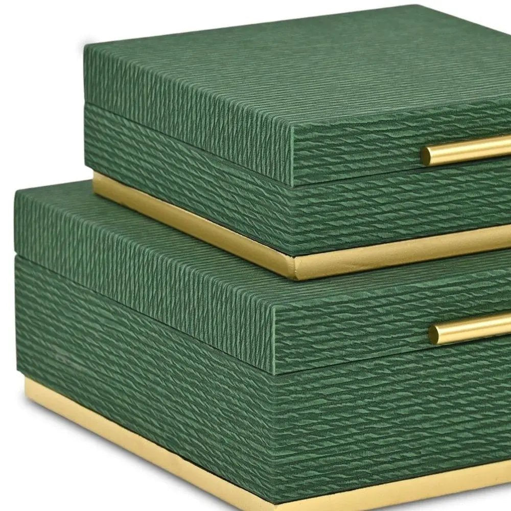 Set of Two Green And Gold Striped Square Nesting Storage Boxes With Lids - NOBLE HOME INTERIORS
