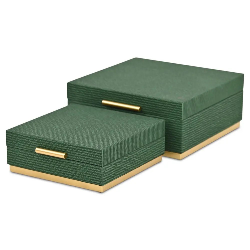 Set of Two Green And Gold Striped Square Nesting Storage Boxes With Lids - NOBLE HOME INTERIORS