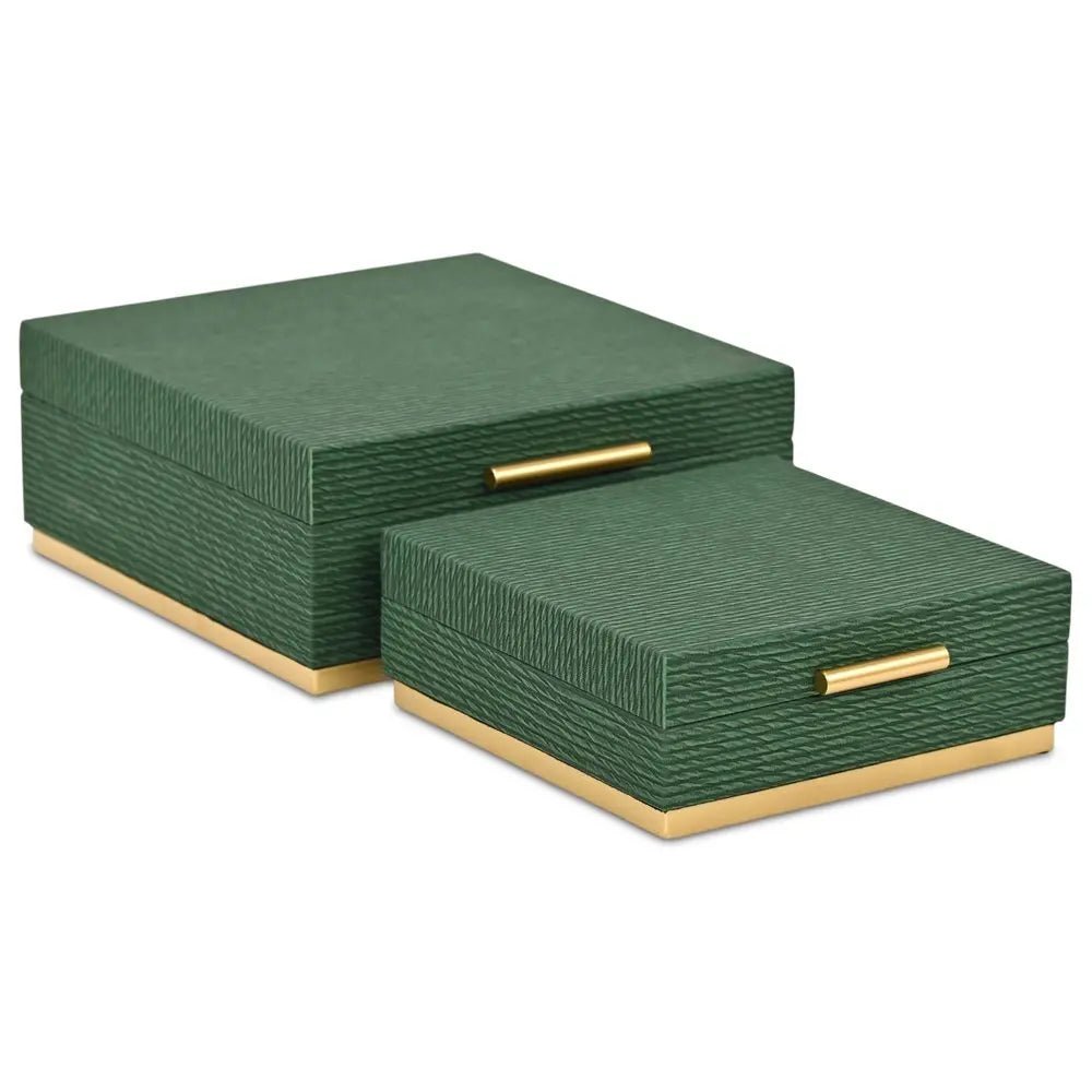 Set of Two Green And Gold Striped Square Nesting Storage Boxes With Lids - NOBLE HOME INTERIORS