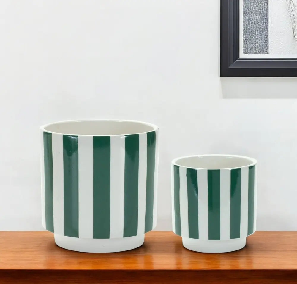 Set of Two Green And White Dolomite Striped 4 Ounce Round Pot Planters - NOBLE HOME INTERIORS