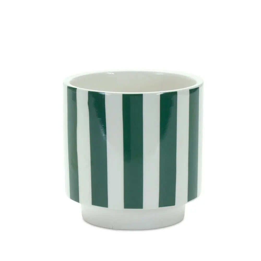 Set of Two Green And White Dolomite Striped 4 Ounce Round Pot Planters - NOBLE HOME INTERIORS