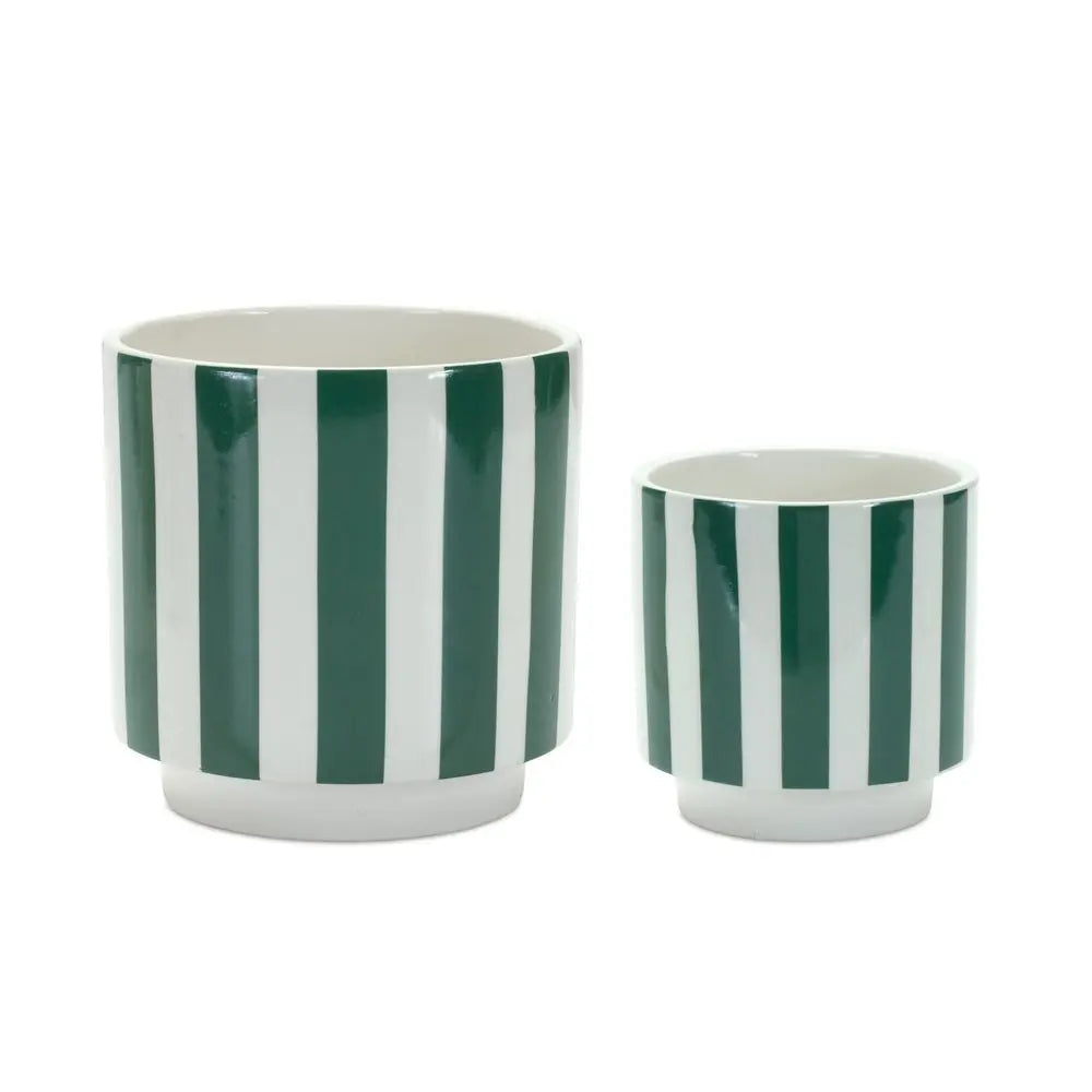 Set of Two Green And White Dolomite Striped 4 Ounce Round Pot Planters - NOBLE HOME INTERIORS