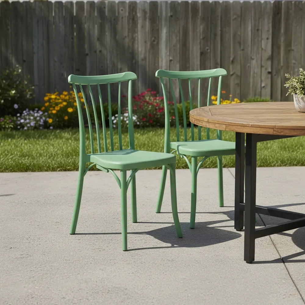 Set of Two Green Heavy Duty Plastic Outdoor Stacking Dining Chairs - NOBLE HOME INTERIORS