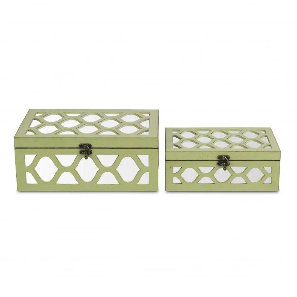 Set of Two Green Mirrored Glass And Solid Wood Box With Lid HomeRoots