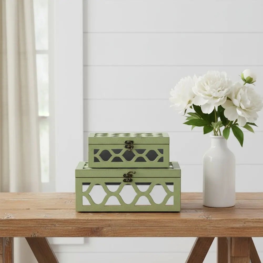 Set of Two Green Mirrored Glass And Solid Wood Box With Lid HomeRoots