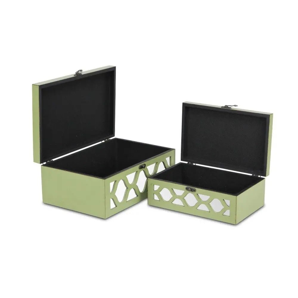 Set of Two Green Mirrored Glass And Solid Wood Box With Lid HomeRoots