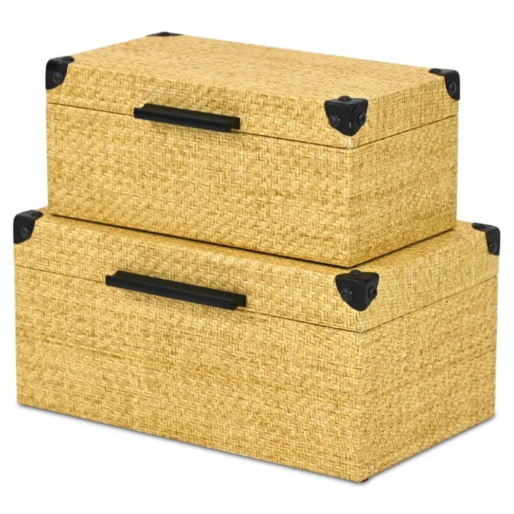 Set of Two Natural And Black Faux Rattan Nesting Storage Boxes With Lids - NOBLE HOME INTERIORS