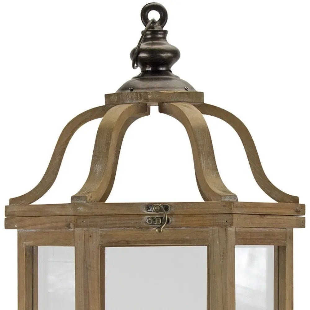 Set of Two Natural And Brown Distressed Geometric Wood And Metal Floor Lantern Candle Holders HomeRoots